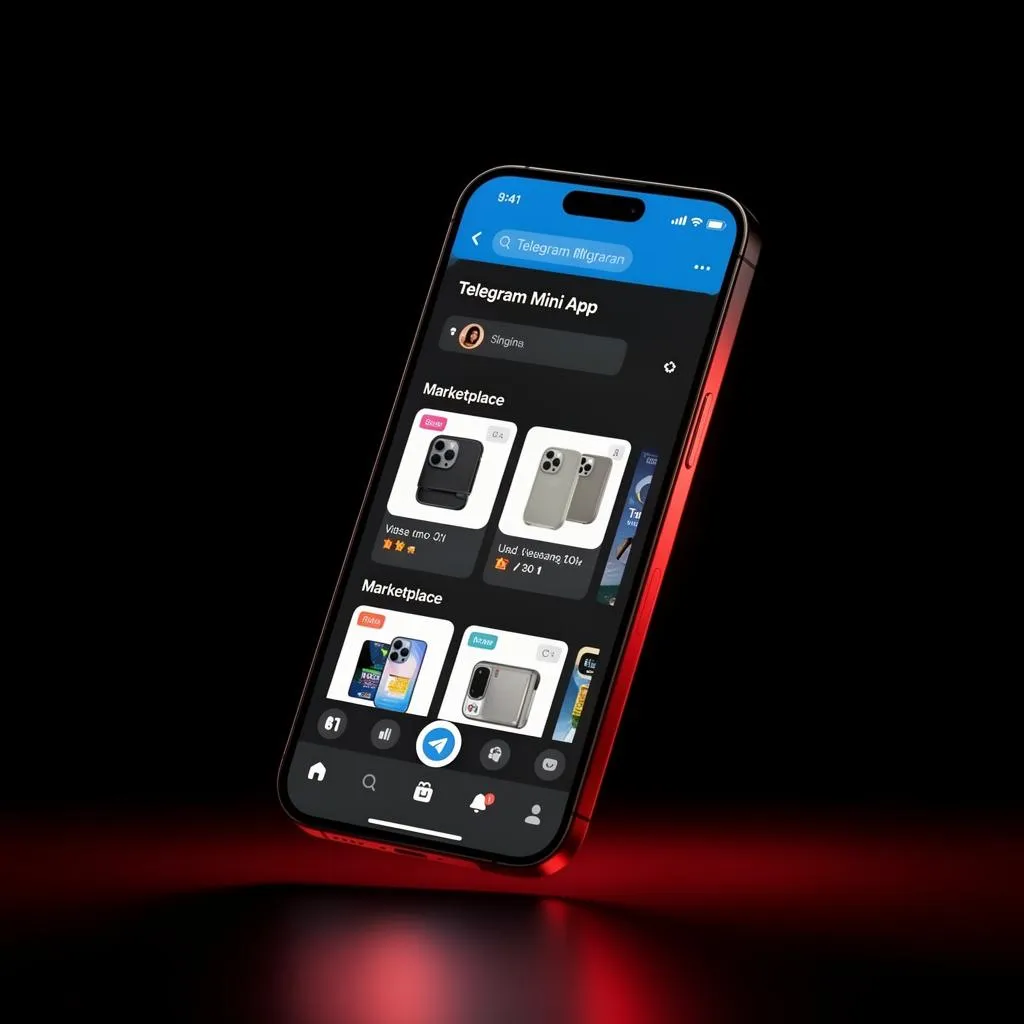 Telegram Mini App інтерфейс на iPhone — маркетплейс всередині месенджера